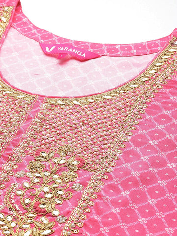Varanga Women Women Pink Bandhani Printed Straight Kurta With Bottom And Dupatta